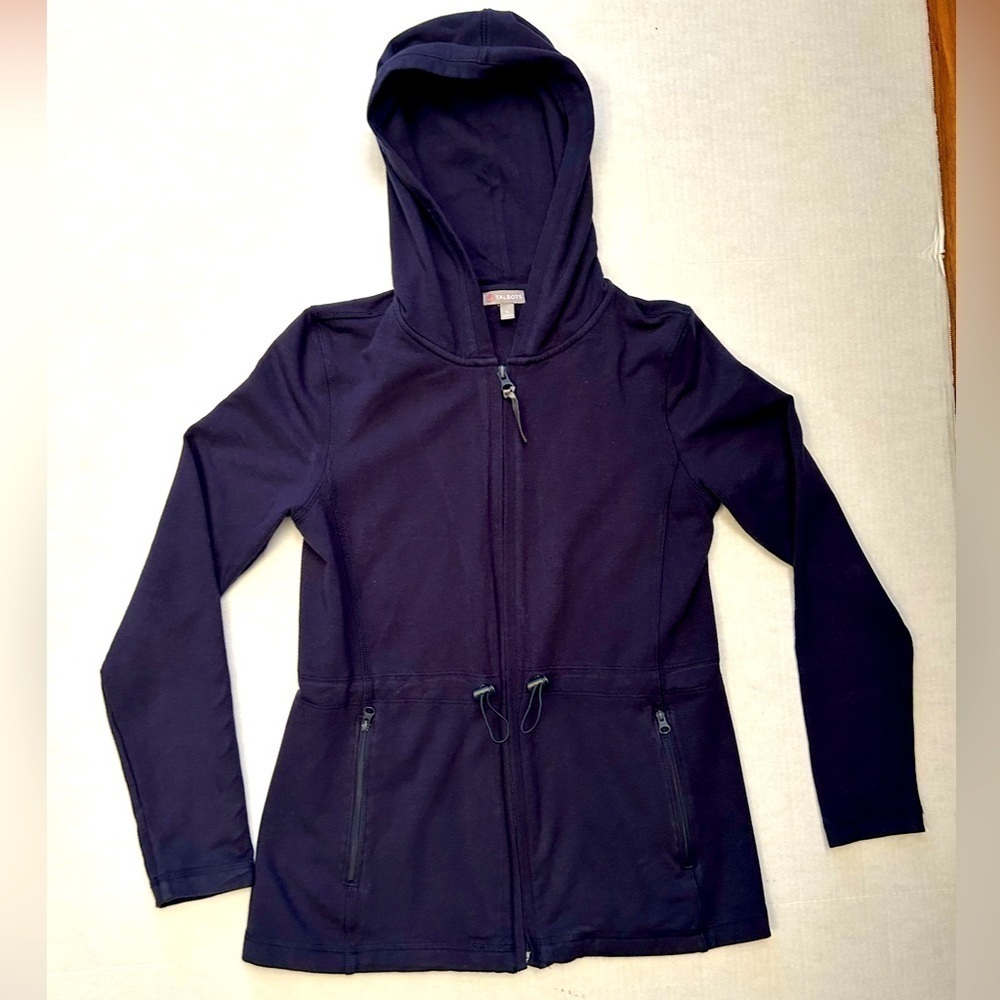 Talbots‎ light weight navy blue full zip up hooded jacket Sz-SP  O17